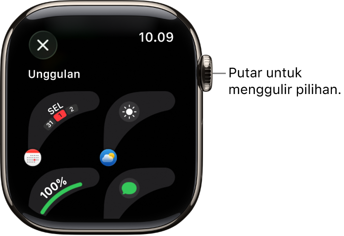 Layar penyesuaian untuk wajah jam yang menampilkan komplikasi unggulan. Putar Digital Crown untuk menelusuri komplikasi.