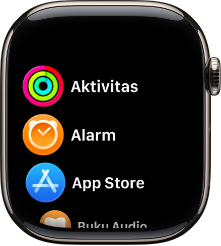 Layar Utama dalam tampilan daftar, dengan app dalam urutan alfabetis.