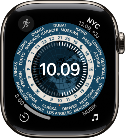 Wajah jam Waktu Dunia menampilkan jam analog. Di tengah terdapat peta bola dunia, menampilkan siang dan malam. Angka dan nama kota muncul di sekeliling dial, menandakan waktu di setiap lokasi. Terdapat komplikasi di setiap pojok: Musik terdapat di bagian kiri atas, Terjemahkan di bagian kanan atas, Timer di bagian kiri bawah, dan tanggal di bagian kanan atas.