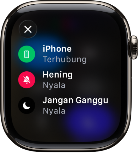 Detail status yang menampilkan iPhone yang terhubung, Lokasi yang sedang digunakan oleh Pesan, Mode Hening yang dinyalakan, dan Jangan Ganggu yang dinyalakan.