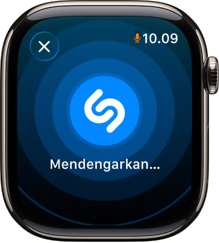 Layar yang menampilkan judul dan artis lagu yang teridentifikasi oleh Pengenalan Musik. Tombol putar berada di kanan bawah.