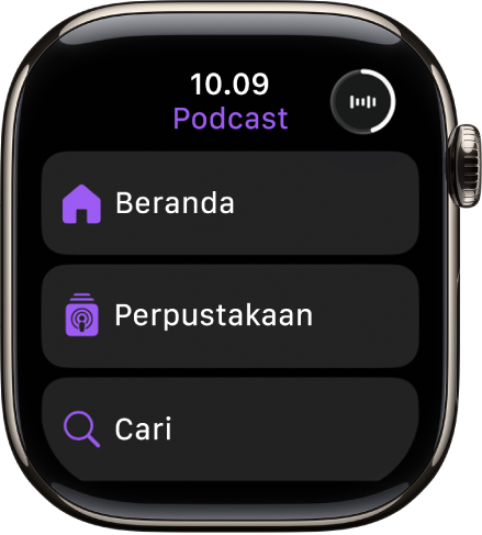 App Podcast yang menampilkan tombol Beranda, Perpustakaan, dan Cari.