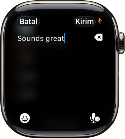 Layar bidang teks yang menampilkan pesan yang dibuat dengan dikte. Tombol Emoji dan Dikte berada di bagian bawah layar.