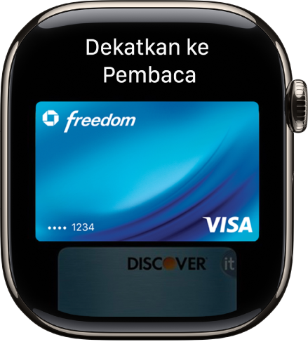 Layar yang menampilkan kartu kredit di Apple Pay yang siap untuk ditunjukkan ke pembaca nirkontak.