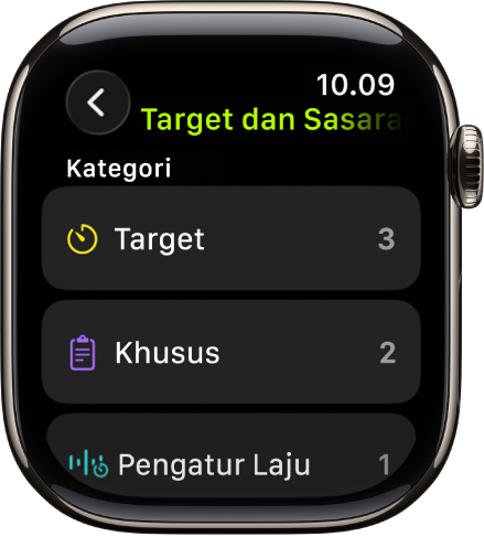 App Olahraga yang menampilkan target yang dibuat, Olahraga Khusus, dan olahraga Pengatur Laju.