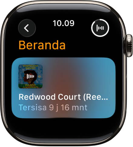 Layar Buku Audio yang menampilkan buku yang sedang diputar, dengan judul dan waktu tersisa. Tombol Sedang diputar di kanan atas.