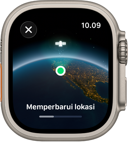 Layar menampilkan ‘Memperbarui Lokasi’ dengan bar kemajuan dan tampilan Bumi dari luar angkasa dengan titik indikator lokasi hijau.