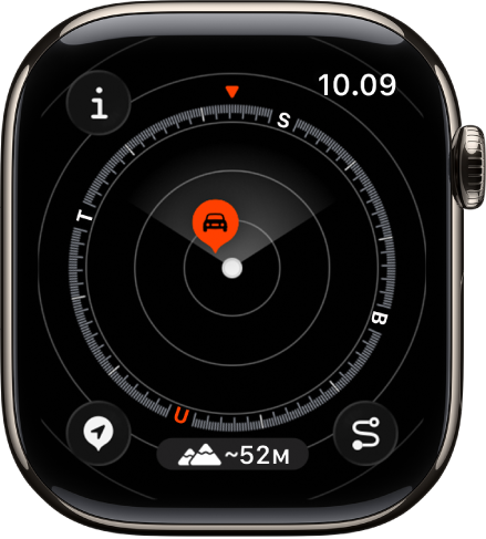 App Kompas menampilkan titik jalan di dalam dial. Tombol Info terdapat di kiri atas, tombol Titik Jalan terdapat di kiri bawah, tombol Elevasi terdapat di tengah bawah, dan tombol Susuri terdapat di kanan bawah.