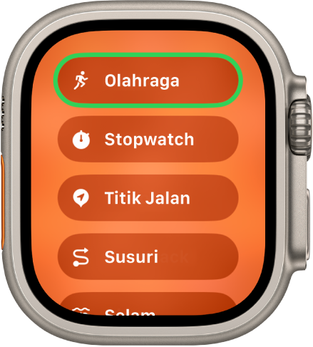 Layar Alih Cepat menampilkan tindakan yang dapat ditetapkan ke tombol Tindakan, seperti Olahraga, Stopwatch, dan Titik Jalan.