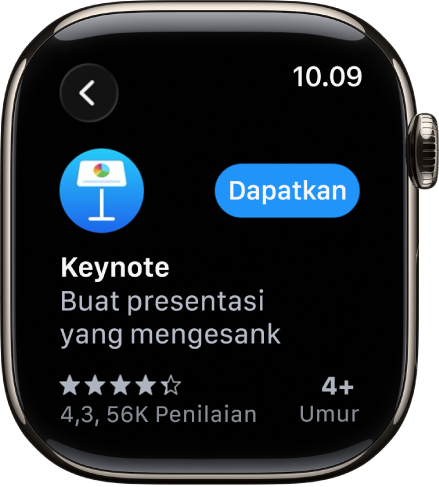 Layar App Store yang menampilkan halaman produk app dengan deskripsi pendek app, nilainya, dan tombol Dapatkan di sebelah kanan.