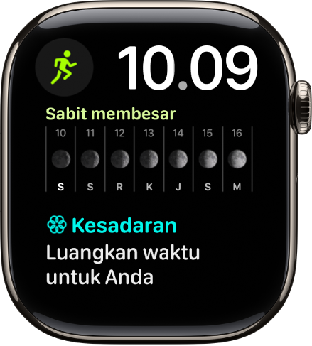 Wajah jam Modular Duo menampilkan jam digital di dekat bagian kanan atas serta tiga komplikasi: Olahraga di kiri atas, Fase Bulan di tengah, dan Kesadaran di bagian bawah.