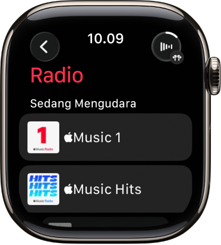 Layar Radio menampilkan tiga stasiun Apple Music. Tombol Sedang diputar di kanan atas. Tombol Kembali di kiri atas.