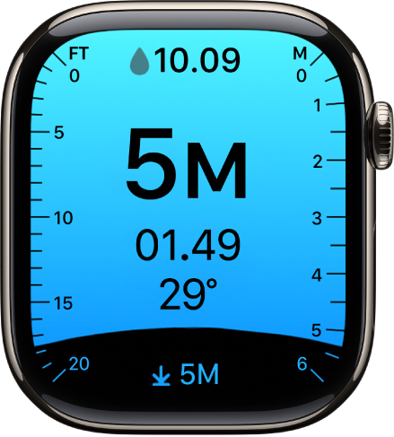 App Kedalaman menunjukkan kedalaman saat ini, waktu di bawah air, suhu air, dan kedalaman maksimum penyelaman. Penanda di sepanjang sisi kiri menandakan kedalaman dalam kaki dari 0 hingga 20. Penanda di sepanjang sisi kanan menandakan kedalaman dalam meter dari 0 hingga 6.