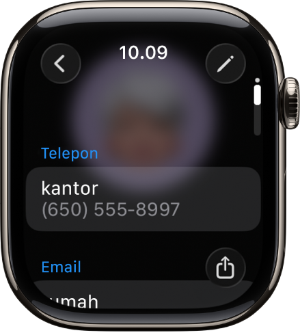 App Kontak menampilkan detail kontak. Tombol edit muncul di kanan atas. Tiga bidang muncul di bagian tengah layar—nomor telepon, alamat email, dan alamat rumah. Tombol Bagikan berada di kanan bawah dan tombol Kembali di kiri atas.