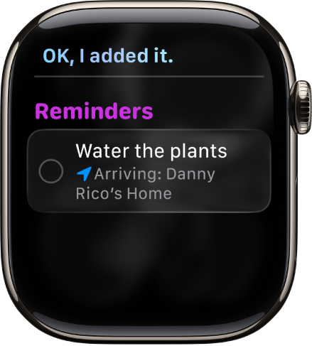 Layar Siri yang menampilkan pengingat yang ditambahkan ke daftar hal yang harus dilakukan.