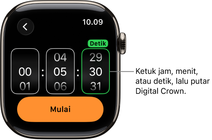 Pengaturan untuk membuat timer khusus, dengan jam di sebelah kiri, menit di sebelah tengah, dan detik di sebelah kanan. Tombol Mulai terdapat di bawah.