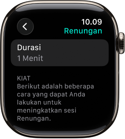 Layar app Kesadaran menampilkan durasi 1 menit di bagian atas. Di bawah terdapat kiat untuk membantu meningkatkan sesi Renungan.