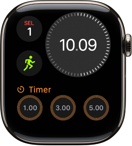 Wajah jam Modular Ringkas menampilkan jam digital di dekat kanan atas, hari dan tanggal di kiri atas, serta dua komplikasi: Olahraga di kiri tengah, dan Kondisi Pikiran di bagian bawah.