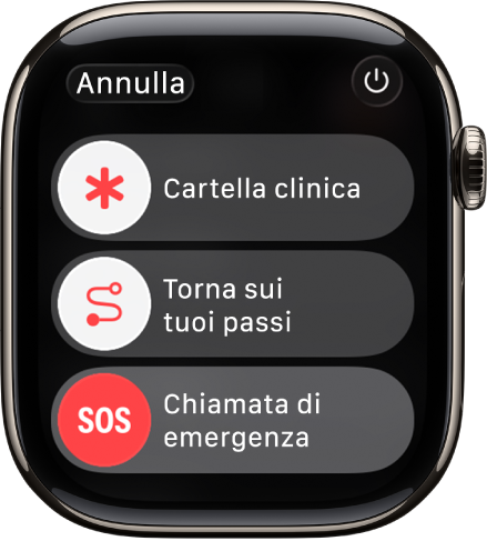 Lo schermo di Apple Watch che mostra i cursori di “Cartella clinica”, “Torna sui tuoi passi” e “Chiamate di emergenza”. Il tasto di accensione è in alto a destra.