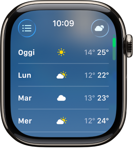 La schermata con le previsioni dei 10 giorni successivi, mostrante le massime e le minime per i 4 giorni successivi.