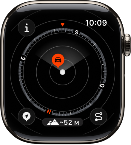 L’app Bussola che mostra un waypoint all’interno di un quadrante. Il pulsante Info è in alto a sinistra, il pulsante Waypoint è in basso a sinistra, il pulsante Altitudine è al centro in basso e il pulsante “Torna sui tuoi passi” in basso a destra.