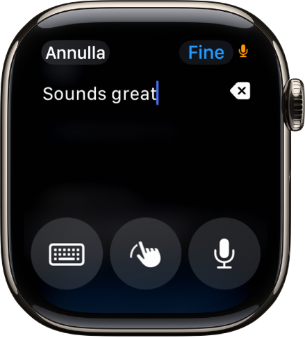 La schermata del campo di testo che mostra un messaggio nella parte superiore dello schermo. I pulsanti “Tastiera su schermo”, “Scrittura a mano” e Dettatura si trovano nella parte inferiore dello schermo.