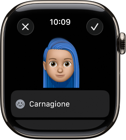 L’app Memoji su Apple Watch che mostra un viso.