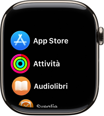 La vista elenco della schermata Home, con le app in ordine alfabetico.