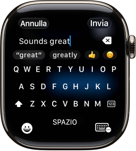La schermata del campo di testo che mostra un messaggio creato con la tastiera su schermo. I pulsanti Emoji e “Tastiera su schermo” si trovano nella parte inferiore dello schermo.