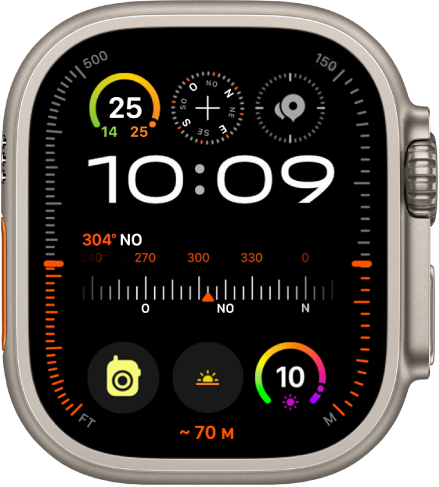 Il quadrante Modulare Ultra con le complicazioni Altitudine, a sinistra e a destra con, rispettivamente l’indicazione in piedi e in metri, Musica, Bussola e “Waypoint bussola”, un orologio digitale, in basso, l’indicazione Bussola al centro e le complicazioni Messaggi, Levata e Allenamento in basso. In basso, viene fornita l’altitudine attuale.