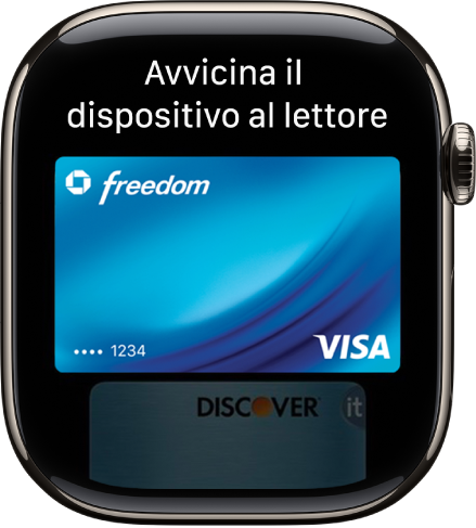 Una schermata con una carta di credito in Apple Pay pronta per essere avvicinata a un lettore contactless.