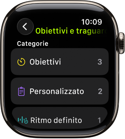 L’app Allenamento con gli obiettivi creati, gli allenamenti personalizzati e l’allenamento “Ritmo definito”.