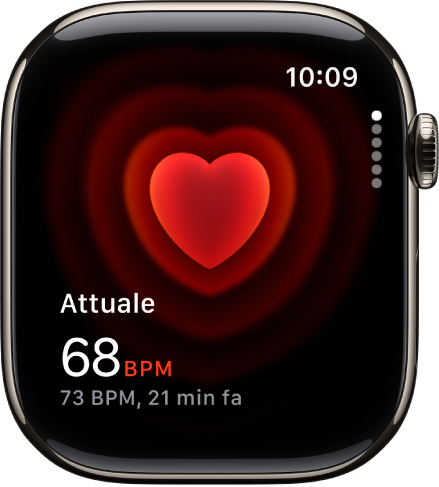 Una schermata dell’app Battito cardiaco dove è visibile il battito cardiaco attuale. Sotto, è presente l’ultima lettura, più in piccolo.