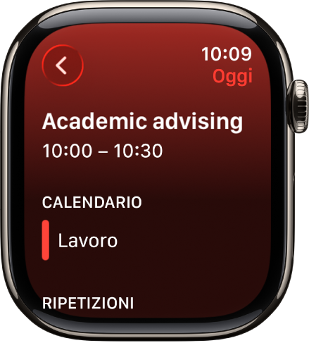 Schermata di Calendario con un nuovo evento. Il nome dell’evento è in alto, mentre sotto è visibile il campo con l’orario. Sotto l’intestazione di Calendario è visibile la data dell’evento e il nome del calendario a cui appartiene.