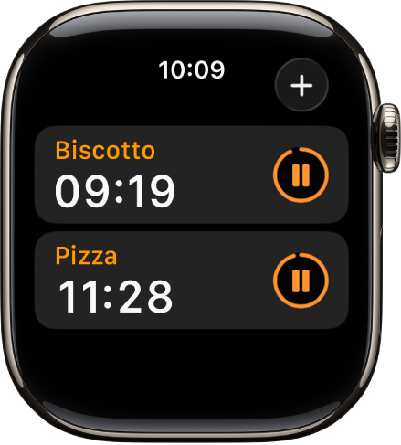 Due timer nell’app Timer. Ciascun timer mostra il tempo residuo sotto il nome del timer e un pulsante per mettere in pausa sulla destra. Il pulsante Aggiungi è in alto a destra.