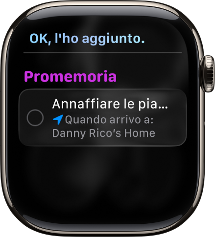 La schermata di Siri dove un promemoria viene aggiunto a un elenco di cose da fare.