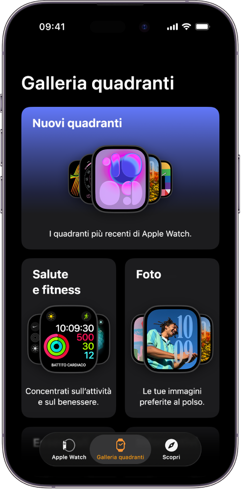 L’app Watch è aperta sulla galleria di quadranti. La fila superiore mostra i nuovi quadranti, mentre quelle successive mostrano i quadranti raggruppati per tipo, ossia “Salute e fitness” e Foto. Scorrendo, è possibile vedere altri quadranti raggruppati in base al tipo.