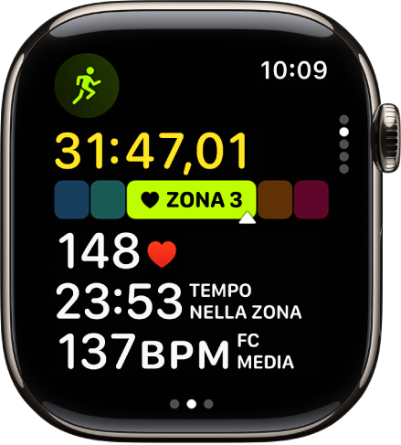 Un allenamento di corsa attivo mostra il tempo trascorso, la zona in cui ti trovi, la frequenza cardiaca, il tempo nella zona e la frequenza cardiaca media.