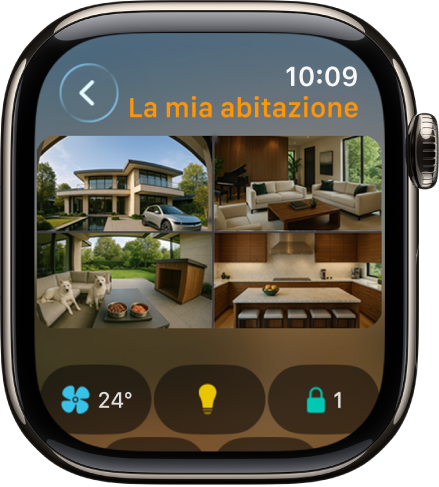 La schermata dell’app Casa con visualizzate quattro viste della videocamera. In basso sono disponibili le opzioni per controllo della climatizzazione, accessori di illuminazione e blocchi.