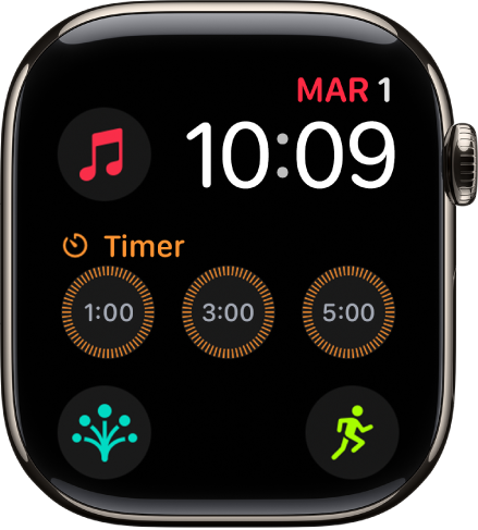 Il quadrante Modulare con la data e l’ora in alto a destra e sei complicazioni: Terra, in alto a sinistra, Timer, al centro, e Allenamento, Bussola e Stato d’animo, in basso.