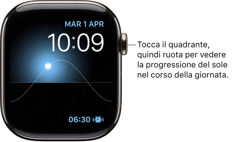 Il quadrante “Grafico solare” visualizza informazioni sul giorno, la data e l’ora attuale che non possono essere modificate. In basso a destra è presente la complicazione Timer. Tocca il quadrante, quindi ruota la Digital Crown per spostare il Sole nel cielo in corrispondenza del crepuscolo, dell’alba, dello zenit, del tramonto o della notte.