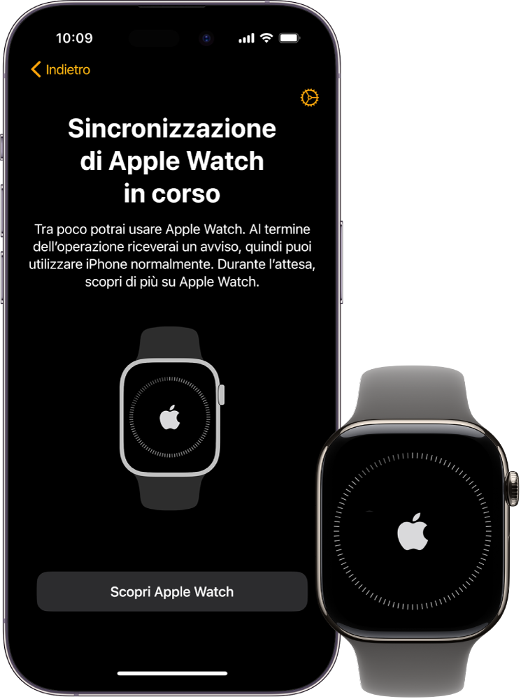 Un iPhone e un Apple Watch che mostrano le loro schermate di sincronizzazione.