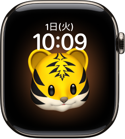 「ミー文字」の文字盤。ミー文字と下部のコンプリケーションを調整できます。画面をタップするとミー文字がアニメートされます。上部に日付と時刻、下部に「タイマー」コンプリケーションがあります。