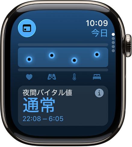 バイタルアプリの画面。夜間の健康指標が表示されています。