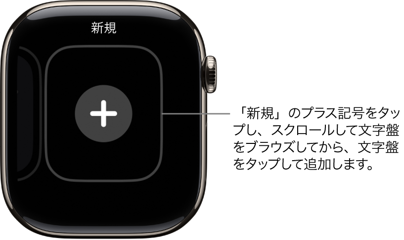 新しい文字盤の画面。中央にプラスボタンがあります。タップすると、新しい文字盤を追加できます。