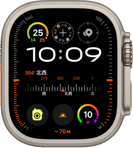 「モジュラーUltra」の文字盤。左右に高度が表示され(左にフィート表示、右にメートル表示)、上部に「ミュージック」、「コンパス」、「コンパスウェイポイント」コンプリケーションが、その下にデジタル時計が、中央に「コンパスの方位」コンプリケーションが、「メッセージ」、「日の出」、「ワークアウト」コンプリケーションが下部付近に表示されています。一番下には現在の高度が表示されています。