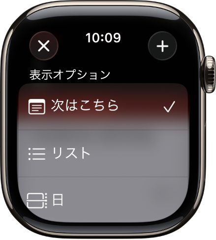 「カレンダー」画面。「次はこちら」、「リスト」、「日」オプションが表示されています。右上に「追加」ボタンがあります。