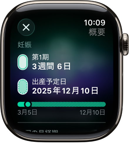 周期記録アプリの画面。妊娠の概要が表示され、画面中央に妊娠期間と出産予定日が表示されています。