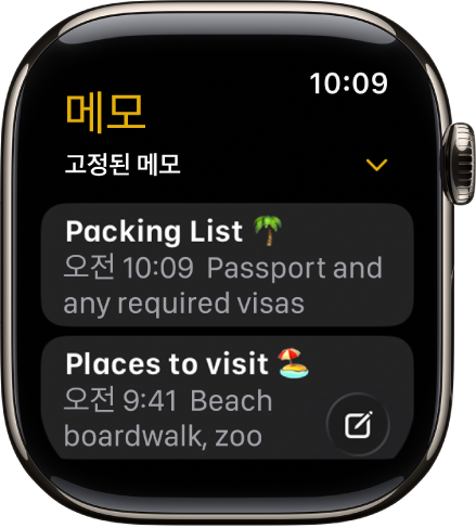 고정된 두 개의 메모가 표시된 메모 화면.