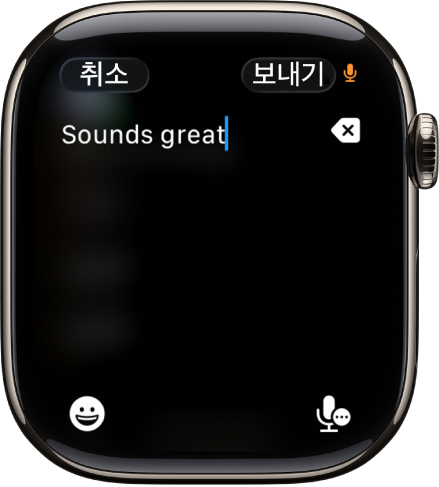 받아쓰기로 생성된 메시지가 표시된 텍스트 필드 화면. 이모지 및 받아쓰기 버튼이 화면 하단에 있음.